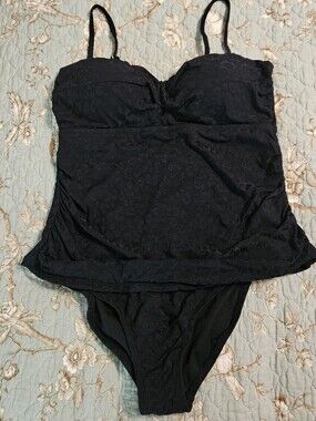 crown & ivy Solid BlackTextured Tankini Top with Matching Brief